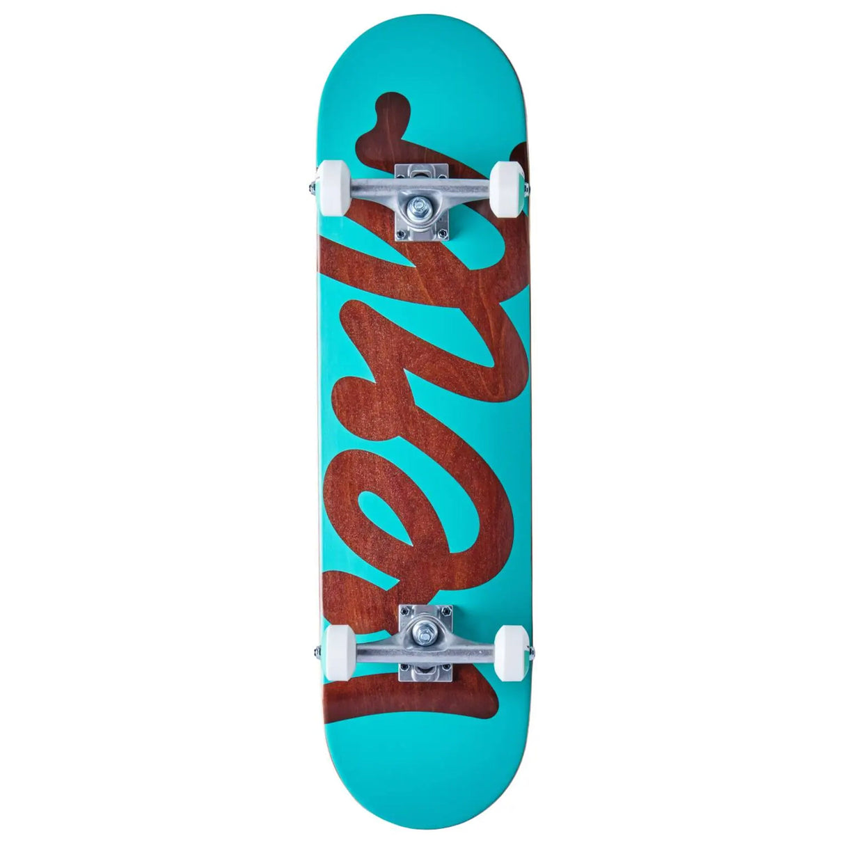 Verb Script komplett skateboard – undersida uppifrån med grafik och double kicktail
