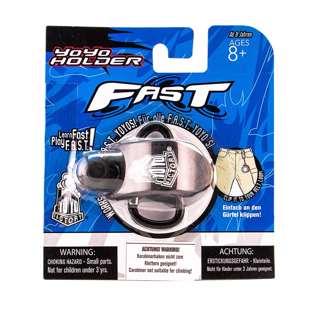 Produktförpackning för YoYoFactory FAST jojo-hållare i blått och vitt med illustrationer som visar hur hållaren fästs i en bälteshälla.