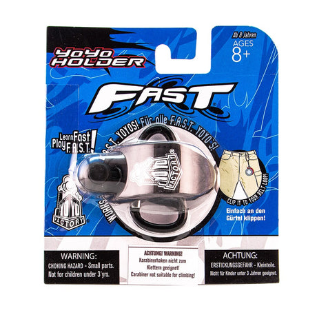 Produktförpackning för YoYoFactory FAST jojo-hållare i blått och vitt med illustrationer som visar hur hållaren fästs i en bälteshälla.