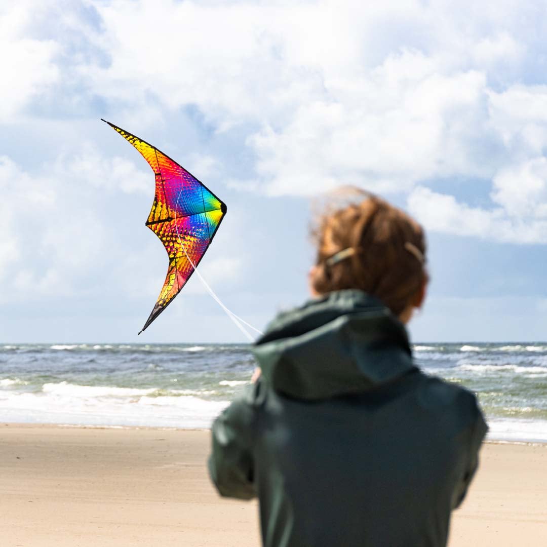 En person som flyger en färgglad Bebop draksegel på en strand med vitt snöre mot en molnig himmel