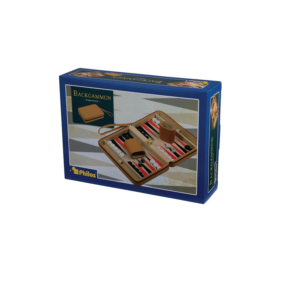 Produktkartong för Backgammon Leros, visar framsida med bild på spelet och Philos logotyp