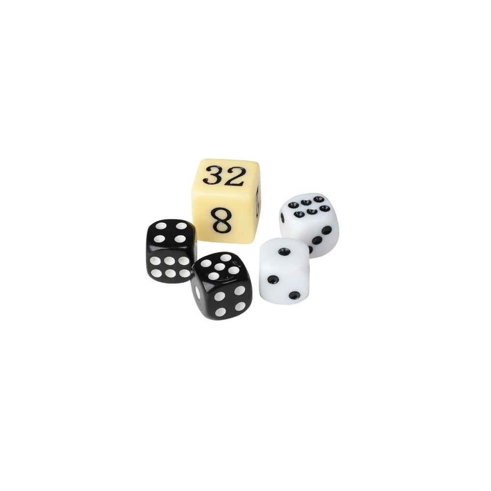 Alla medföljande speltillbehör: 2 tärningsbägare, 4 tärningar och 1 dubbleringstärning
